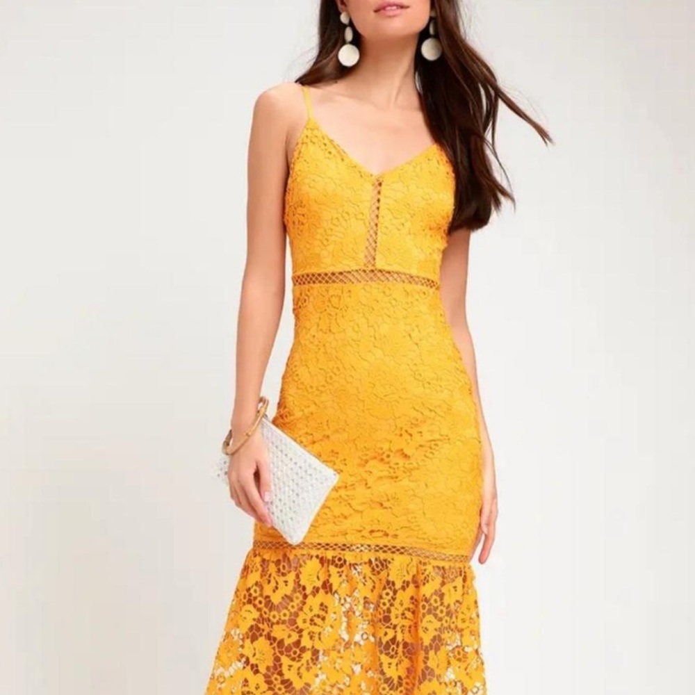 Lulu’s Yellow Taliah Golden Lace Night Out Dress